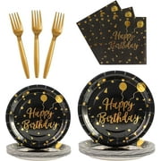 100PCS Birthday Party Supplies Black and Gold Tableware Set Serves 25, Happy Birthday Paper Plates with Napkins and Plastic Forks for Men Women Kids Birthday Party Decorations